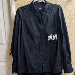 Black Button-Up Shirt with Dog Embroidery